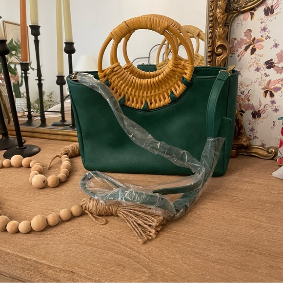 Anthropologie Marianne Green Tote Bag Bamboo  NEW - Picture 9 of 10